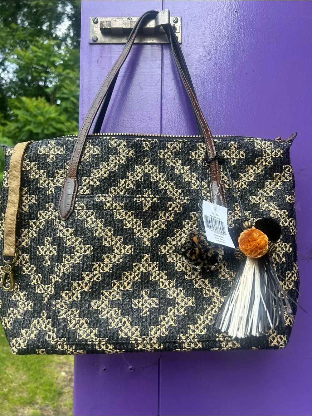 ERIC JAVITS Woven Black Tan Geometric Tote Bag NWT